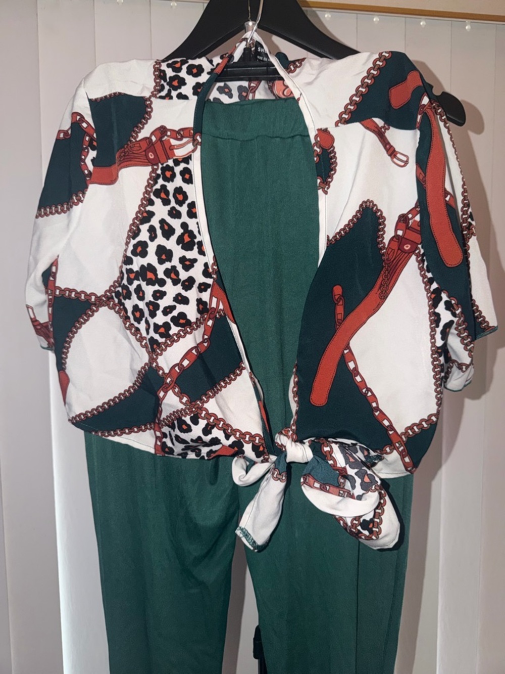 SHEIN Green Jogger Jumpsuit with Printed Tie-Front Top - Picture 2 of 3